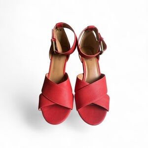 Nine West Mixmaster Coral Red Wedge Sandals | Size 8.5 | Platform Ankle Strap